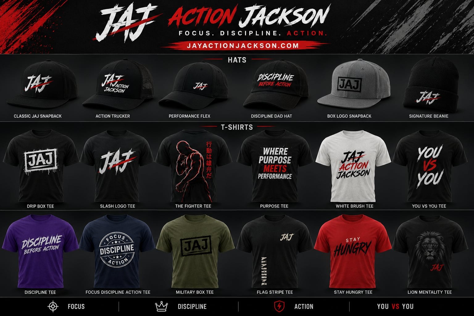 Full Jay Action Jackson JAJ merch lineup — hats and t-shirts
